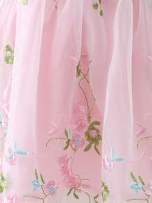 SHEIN 女婴可爱夏季优雅花卉刺绣网纱荷叶边连衣裙 - 粉色 - 查看 5