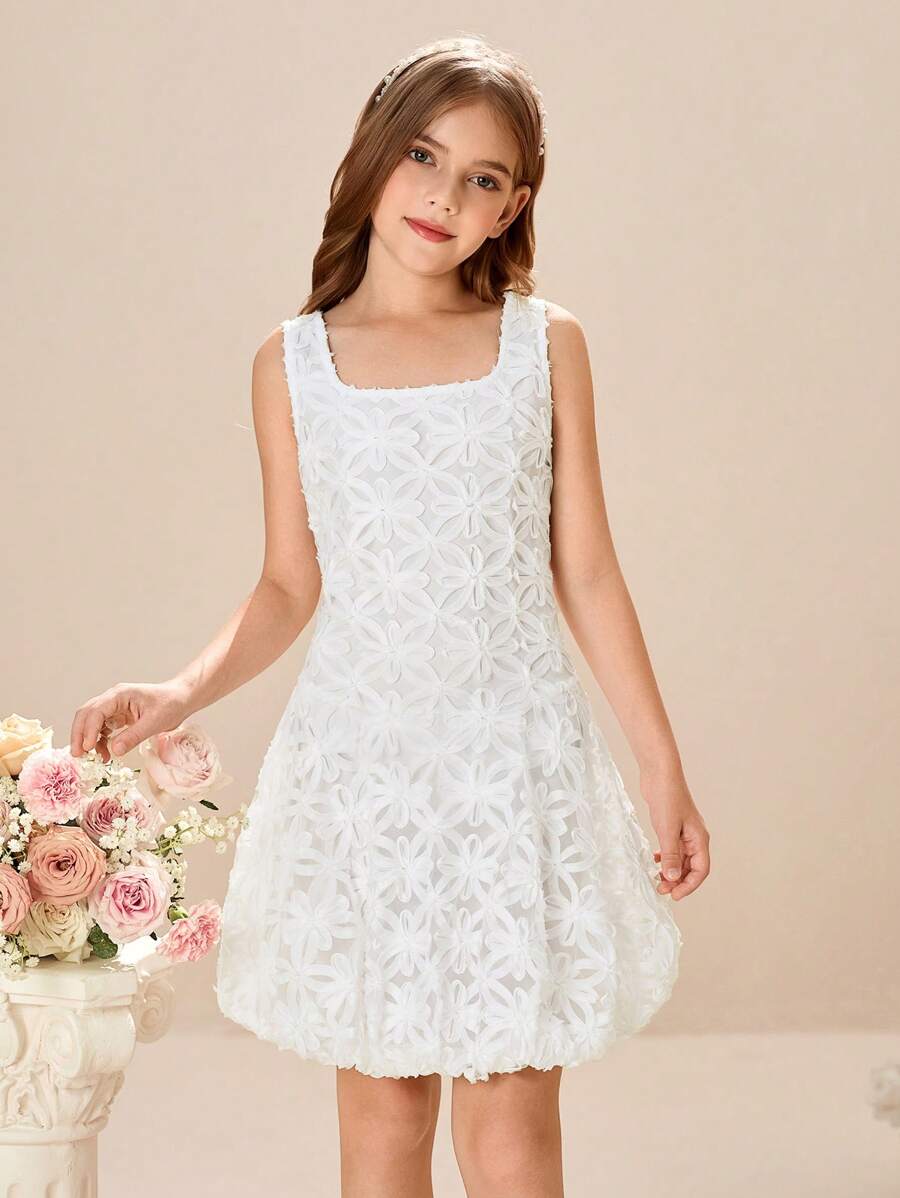 Tween Girls' Woven Mesh Embroidered Cami Snug Fit Dress - White - View 1