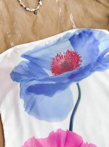 SHEIN Vestido mini con bandeau de punto blanco con estampado floral, lindo y dulce, para tiempo libre y vacaciones, apropiado para el almuerzo y de vacaciones, para adolescentes