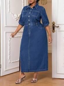 SHEIN Lady Váy denim dài vừa phải, tay lửng, dáng ôm vừa vặn dành cho nữ, màu xanh - Rửa tối - Xem 5