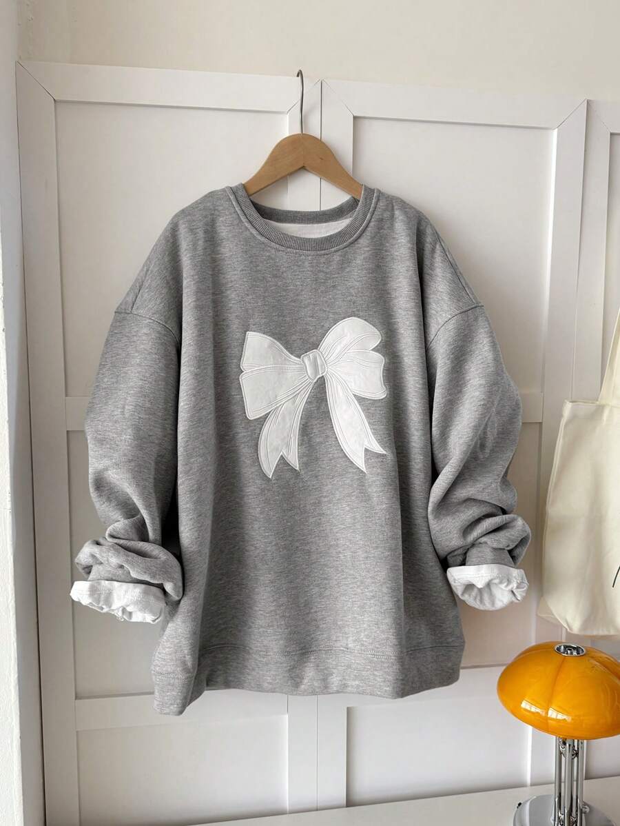 DAZY Women's Embroidered Bowknot Crew Neck Fleece Sweatshirt Fall,Winter - Grey - View 1