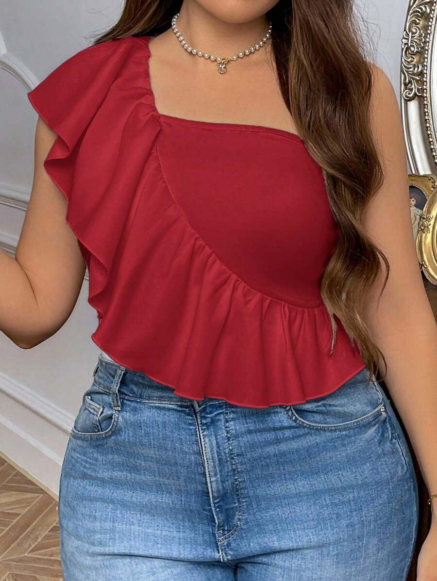 SHEIN Privé Top de tubo con volantes elegante para talla grande de mujer para resort - Rojo - Ver 1