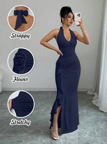 Elenzga Đầm dài sang trọng không tay bó sát thanh lịch dành cho nữ, màu hồng - Màu xanh hải quân - Xem 6