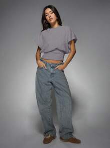 MISSGUIDED Cropped Knit Shoulder Top Drop Sleeve Autumn Winter Cozy Casual Fitted Waist Ribbed Short Sleeve Sweater - Lilac Purple - View 6