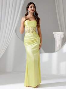 Coutiva Vestido de noche largo y transparente negro con brillos y diamantes para mujer - Amarillo - Ver 7