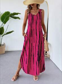 SHEIN LUNE Vestido casual y elegante para mujer con cuello en V, abertura lateral, bajo asimétrico con bolsillos, cintura alta, corte evasé, sin mangas y estampado geométrico, ideal para vacaciones - Rosa Fucsia - Ver 6