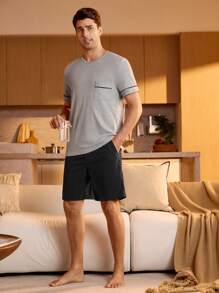 Manfinity Underwear&Sleepwear Basics 男士撞色短袖睡衣上衣，夏季 - 灰色 - 查看 4