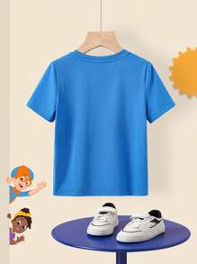 Blippi X SHEIN Young Boy Cute Rocket & Cartoon Pattern Blue Casual Versatile Short Sleeve T-Shirt, Summer - Blue - View 2