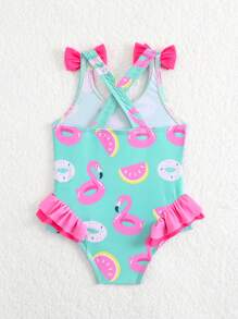 Wborn Newborn Swimsuit, Flamingo & Donut Green Printed Knit Fabric Ruffled Romper Swimwear, Shoulder Double Bow Design, Girls Fashion Casual Elegant Suitable For Swimming, Vacation, Summer Flamingo Swimsuit Baby Girl Swimsuit Toddler Swimsuit Toddler Girl Swimsuit Babygirl Swim Suit