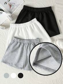 SHEIN 青少年女孩三件套黑色、白色、灰色松紧腰针织宽松休闲短裤，四季百搭，返校服，家居服，简约纯色运动短裤