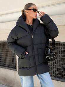EURMUSE Petite Zip Up Hooded Padded Coat With Two Pockets ,Petite Women - Black - View 6