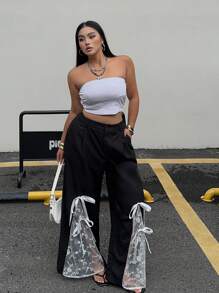 SHEIN MOOSTA Plus Size Women's Black Casual Lace Patchwork Tie-Up Straight Leg Pants Fall Cloth For Women