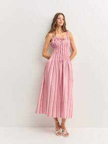 Nöista 条纹褶饰中长连衣裙，系带设计，休闲舒适。圣约翰节和夏季野餐的完美之选 - 紅色 - 查看 4