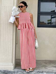 Siren Gaze Boho Chic Summer Outfits For Women 2025: Plaid Gingham Ruffle Hem Sleeveless Open Back Blouse & Wide-Leg Palazzo Pants Set - Vacation, Festival, Beach Resort Casual Two Pieces Ensemble With Breathable Linen-Like Fabric Gingham Jumpsuit Gingham Outfit Checkered Jumpsuit Red Gingham Outfit Picnic Outfit Christmas - Red and White - View 3