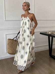 DAZY Vacation Style Floral Print Sleeveless Loose Mid-Length Dress For Women