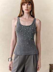 Arave Áo ba lỗ cổ tròn đính đinh tán thêu gân mới mùa hè cho nữ, co giãn, gợi cảm - Xám - Xem 7