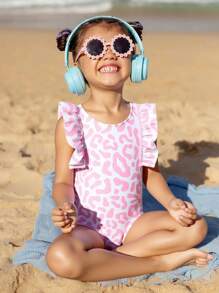 SHEIN Young Girls Cute Tropical Floral Ruffle Trim One Piece Swimsuit, Pink Tie Dye Beach Outfit, Swimming, Beach Wear Summer Holiday - Multicolor - View 6