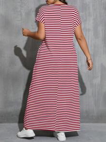 SHEIN Essnce Plus Size Women's Round Neck Waisted Black & White Striped Side Pockets Long Sleeve Dress