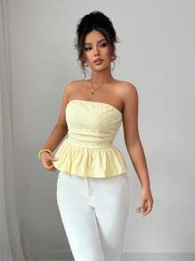 Rafferiza 时尚百搭雏菊纹理面料春夏浅黄色无袖抹胸泡泡褶双层下摆女士短款上衣奶油黄上衣女士优雅上衣可爱夏季上衣夏季服装秋季内搭 - 黃色 - 查看 5