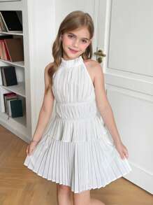 青少年女孩荷叶边领无袖上衣和褶皱迷你裙两件套 - 白色 - 查看 9