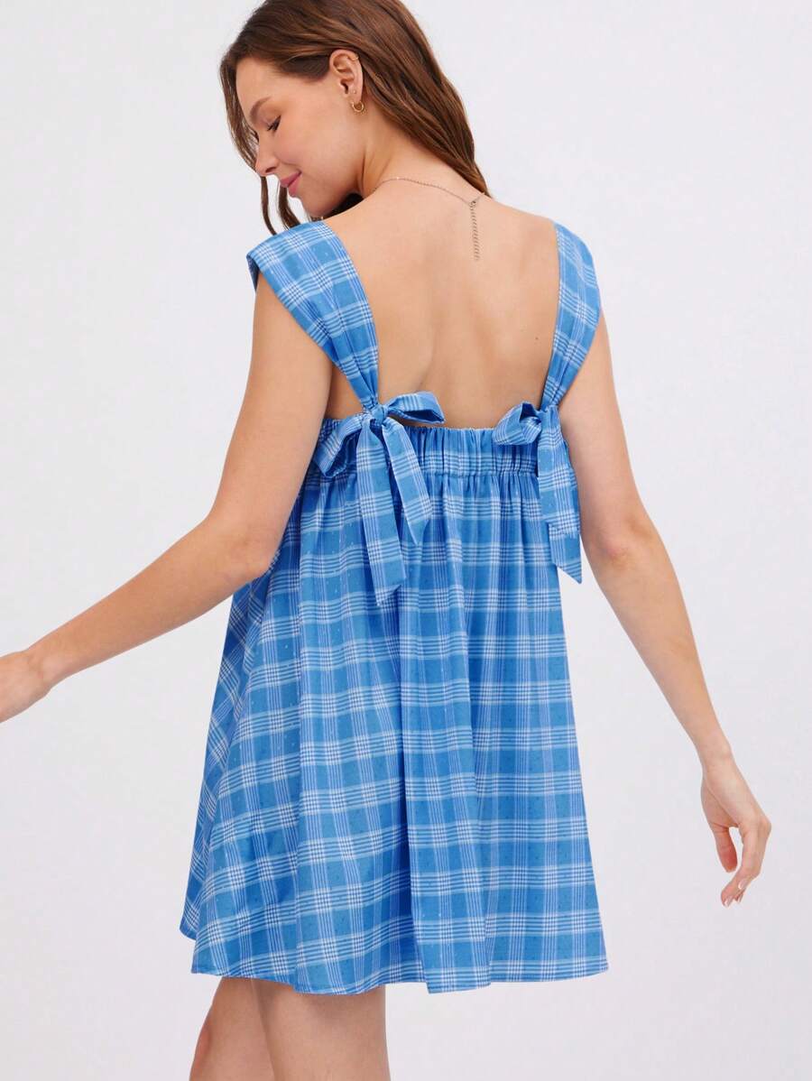 WESTFADE Váy Babydoll Mini Jacquard Kẻ caro Cổ trái tim nơ dễ thương Dây đeo sau lưng Váy Babydoll Mini Mùa hè Trang phục kỳ nghỉ bãi biển ngày 4 tháng 7 Cowgirl Rodeo Kỳ nghỉ Nashville Trang phục hòa nhạc đồng quê miền Tây - Màu xanh lam - Xem 1