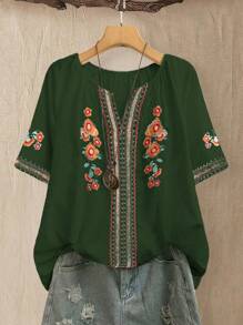 Linhara 大码女式 V 领刺绣衬衫