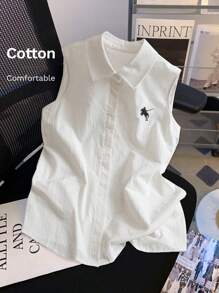 SHEIN Clasi Women's Sleeveless Knight Print Button-Up Casual Shirt Classy Outfits For Women - Beige - View 8