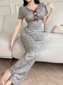 Feyla 2件套女士休闲套装 - 蝴蝶结装饰短袖上衣和裤子 - 紅色 - 查看 5