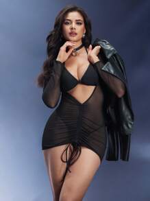 Spicy Aura Women's Black Mesh Lingerie Set With Ruched Deep V Neck Long Sleeves And Mini Length For A Sheer Alluring Look For Going Out - Pink - View 3