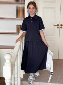 DAZY 2 件套青少年女孩 Polo 领 T 恤和裙子套装，夏季 - 藏蓝色 - 查看 2