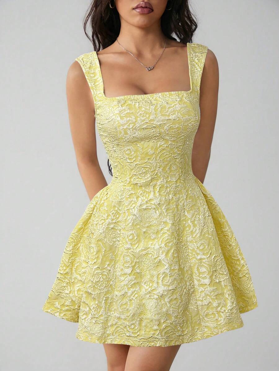 SHEIN PETITE 女式无袖纯色白色夏季中长连衣裙，简约休闲，适合日常穿着 - 黃色 - 查看 1