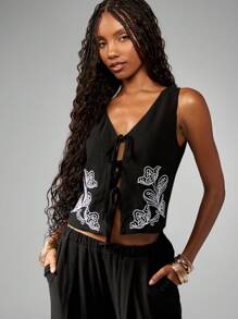 MISSGUIDED 波西米亚风格刺绣蝴蝶图案马甲阔腿裤节日装度假派对晚间度假套装 - 黑色 - 查看 3