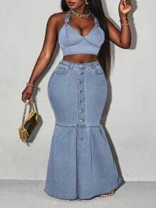 Slaydiva Plus Size Front Button Denim Skirt - Blue - View 7
