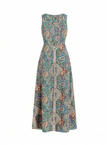 Ellevyn 女士优雅度假风格花卉印花前开襟圆领连体裤