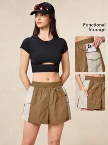 OutZeal Celana Pendek Wanita untuk Aktivitas Luar Ruangan Musim Panas, Hiking, Berkemah, Tahan Air, Ringan, Bahan Nilon, Desain Blok Warna - Coklat - View 2