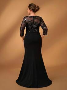 Serin Plus Size Elegant Luxurious Black Round Neck Sheer Mesh Half Sleeve Lace Embroidery Ruched Split Fishtail Dress, Suitable For Wedding, Party, Vacation, Ball, Mother Of The Bride (Heavy Work)