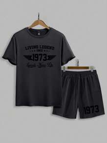 Manfinity Homme 男士字母印花圆领短袖休闲T恤和抽绳腰短裤套装 - 灰色 - 查看 3