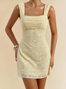 SHEIN BAE Yellow Embroidered Square Neck Slim Fit Open Back Mini Dress - Yellow - View 6