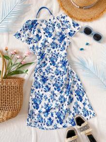 Tween Girls Sweet Floral Print Lace Trim V-Neck Dress - White - View 5