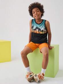 SHEIN Tween Boy Palm Tree Print Contrast Binding Tank Top & Drawstring Waist Shorts - Multicolor - View 4