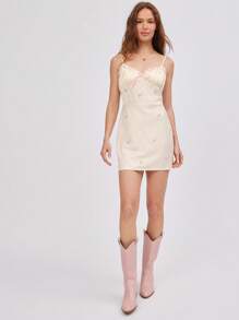 WESTFADE Country Floral Embroidered Satin & Ribbon Floral Eyelet Ruched Spaghetti Strap Cute Bow Front Fitted Cowgirl Rodeo Mini Dress Summer Western Nashville Vacation Outfit