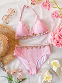 Traje de baño para adolescentes - Tela acanalada rosa con decoraciones de accesorios con criaturas acuáticas, conjunto de ropa de baño