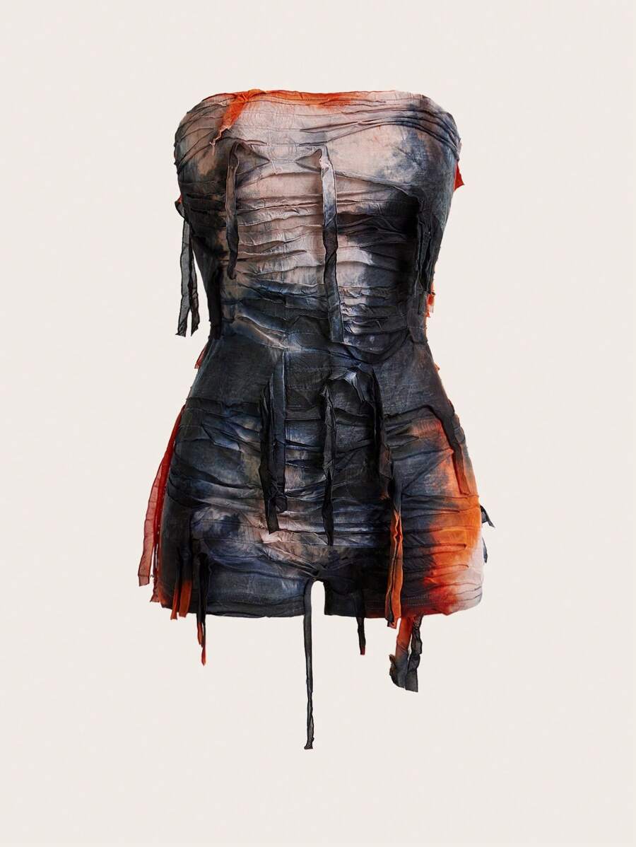 Amplova 扎染印花流苏抹胸连身裤 - 橘色 - 查看 1