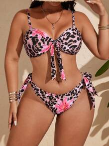 Slaydiva 大码女式两件套豹纹系带性感沙滩度假比基尼套装