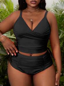 SHEIN Swim Curve Plus Size Women Orange Cami-Top Sports Swimsuit, Fashion Casual Two-Piece For Summer Beach Vacation - Black - View 4