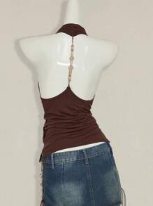 SHEIN ICON 女士棕色复古设计性感露背串珠垂坠领吊带背心 - 咖啡棕 - 查看 3