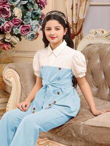 Tween Girls' Summer 2 Pieces Set: Puff Sleeve Button-Up Shirt And Shorts' - Blue and White - View 5