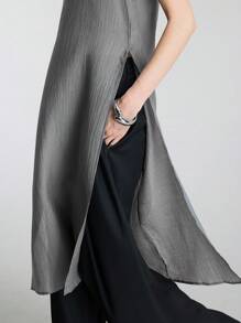 Ontre 2025 女士夏季休闲纯色侧开衩无袖上衣，灰色，休闲都市风，简约时尚，通勤装，优雅简约，教师节礼物，适合夏季、都市度假、海岛度假、海岛音乐节、圣诞节、秋冬新年等场合。 - 黑色 - 查看 5