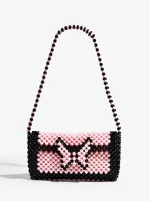 SHEIN ICON Ladies, Women Shoulder Bag, Hobo Bag, Black And Pink, Bead, Butterfly, Fashionable, Personalized, Simple, Versatile, Street, Sweet And Cool Girls, Hot Girls, Y2k, Retro, Rivets, Vintage, Teenagers, For Beach, Vacation, Holiday, Summer, Seaside, Beach Party, Date, Daily, Shopping, Afternoon Tea - Multicolor - View 1