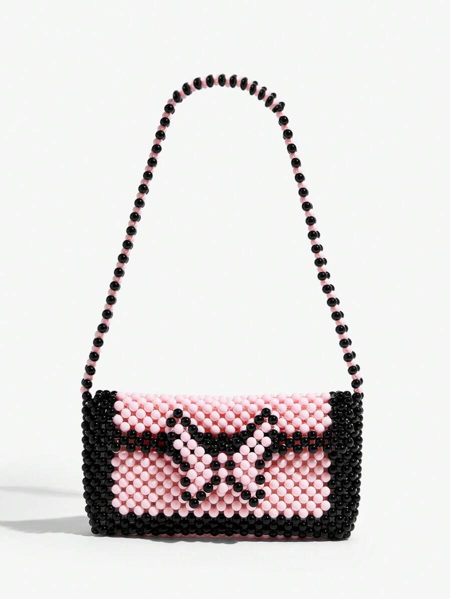 SHEIN ICON Ladies, Women Shoulder Bag, Hobo Bag, Black And Pink, Bead, Butterfly, Fashionable, Personalized, Simple, Versatile, Street, Sweet And Cool Girls, Hot Girls, Y2k, Retro, Rivets, Vintage, Teenagers, For Beach, Vacation, Holiday, Summer, Seaside, Beach Party, Date, Daily, Shopping, Afternoon Tea - Multicolor - View 1